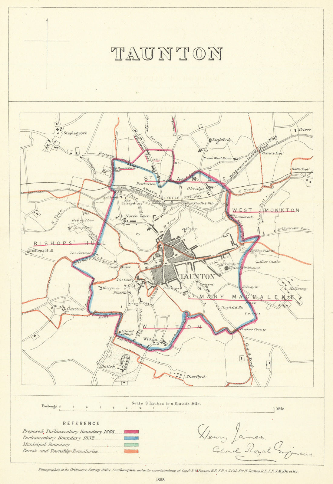 Taunton, Somerset. JAMES. Parliamentary Boundary Commission 1868 old map